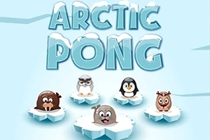 Název Arctic Pong a pět animovaných zvířat stojících na ledových krách