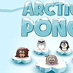 Název Arctic Pong a pět animovaných zvířat stojících na ledových krách