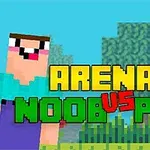 Postavy z kostiček stojí na trávě s nápisem Arena: Noob vs Pro uprostřed