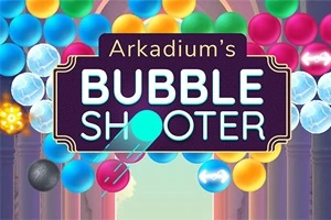 Barevné bubliny různých velikostí a barev uspořádané kolem loga s textem Bubble Shooter
