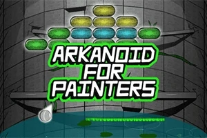 Barevné cihly uspořádané do vzoru nad textem Arkanoid for Painters v neonovém písmu na šedém pozadí
