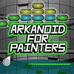 Barevné cihly uspořádané do vzoru nad textem Arkanoid for Painters v neonovém písmu na šedém pozadí