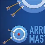 Modrý terč s několika šípy kolem a textem Arrow Master na modrém pozadí
