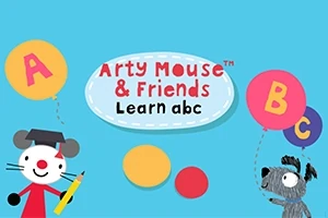 Postavičky myši a psa s balónky a kruhy na modrém pozadí s textem Arty Mouse & Friends Learn abc