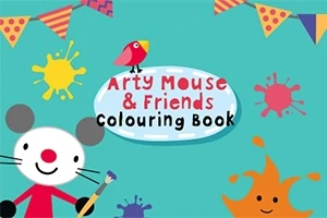Barevná ilustrace s myškou, štětcem, geometrickými tvary a nápisem Arty Mouse & Friends Colouring Book na tyrkysovém pozadí