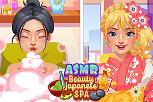 Dvě kreslené postavy v lázních, jedna s bublinkovou koupelí a druhá ve světlém kimonu s květinami, s nápisem ASMR Beauty Japanese Spa