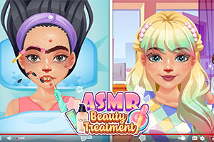 Dvě ilustrace žen před a po kosmetické úpravě s nápisem ASMR Beauty Treatment uprostřed