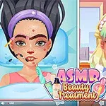 Dvě ilustrace žen před a po kosmetické úpravě s nápisem ASMR Beauty Treatment uprostřed