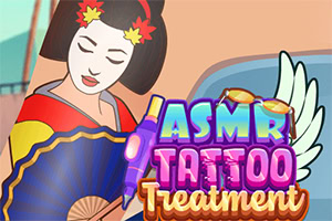 Žena v tradičním oděvu s vějířem drží tetovací pero vedle nápisu ASMR Tattoo Treatment