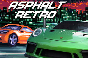 Zelené sportovní auto na popředí s pixelově zpracovaným oranžovým autem a městským pozadím v retro stylu, s textem ASPHALT RETRO