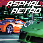 Zelené sportovní auto na popředí s pixelově zpracovaným oranžovým autem a městským pozadím v retro stylu, s textem ASPHALT RETRO