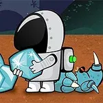 Astronaut sbírá modré krystaly vedle spícího mimozemšťana na planetě