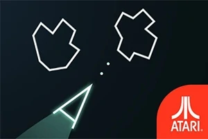 Vektorová grafika s trojúhelníkovou lodí střílející na dva mnohoúhelníkové asteroidy, v pravém dolním rohu logo Atari