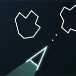 Vektorová grafika s trojúhelníkovou lodí střílející na dva mnohoúhelníkové asteroidy, v pravém dolním rohu logo Atari