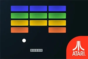Barevné cihličky s míčkem a pálkou na černém pozadí s logem Atari v rohu