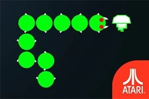 Zelený had složený z kruhů s houbou na tmavém pozadí a logem Atari v rohu