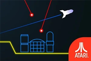 Vektorový obrázek rakety letící nad městem se dvěma střelami a logem Atari v pravém dolním rohu