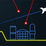 Vektorový obrázek rakety letící nad městem se dvěma střelami a logem Atari v pravém dolním rohu