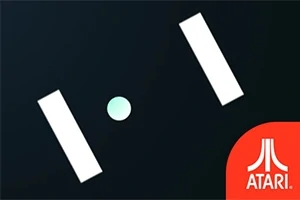 Dva bílé obdélníky a bílá tečka na černém pozadí s logem Atari v pravém dolním rohu