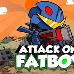 Kreslená postava s modrou helmou drží zbraň na pozadí zničeného města s oranžovou oblohou, nad nápisem Attack on Fatboy