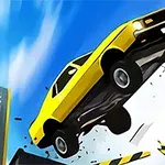 Žluté auto v akrobatickém skoku přes rampu na modré obloze s úlomky v pozadí