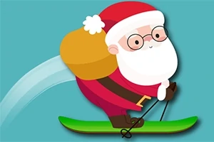 Santa Claus na lyžích s vakem a holí na modrém pozadí