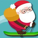 Santa Claus na lyžích s vakem a holí na modrém pozadí