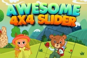 Barevná ilustrace s nápisem „Awesome 4x4 Slider“ zobrazuje dívku v klobouku a medvěda s jablky na pozadí přírody a kopců