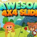 Barevná ilustrace s nápisem „Awesome 4x4 Slider“ zobrazuje dívku v klobouku a medvěda s jablky na pozadí přírody a kopců
