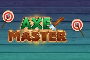 Barevné logo s nápisem Axe Master, stylizovanou sekerou a dvěma terči na dřevěném pozadí