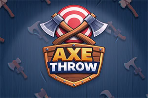 Logo s nápisem „AXE THROW, zkříženými sekerami a červenobílým terčem na tmavém dřevěném pozadí