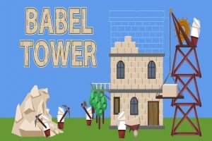 Obrázek znázorňuje stavbu věže z kamenných bloků, okolní práci dělníků s kladivy a jeřábem, strom a nápis Babel Tower na modrém pozadí