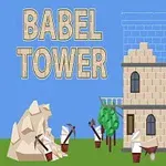 Obrázek znázorňuje stavbu věže z kamenných bloků, okolní práci dělníků s kladivy a jeřábem, strom a nápis Babel Tower na modrém pozadí