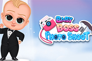Postavička dítěte v obleku stojí vedle nápisu Baby Boss Photo Shoot s růžovým fotoaparátem a studiovým světlem na barevném pozadí