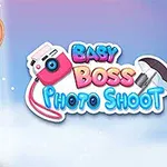 Postavička dítěte v obleku stojí vedle nápisu Baby Boss Photo Shoot s růžovým fotoaparátem a studiovým světlem na barevném pozadí