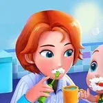 Žena a dítě si čistí zuby v koupelně, oba mají v ústech pěnu