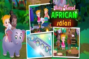 Dvě děti jedou na fialovém slonovi, obklopeny dalšími ilustracemi afrického safari