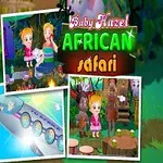 Dvě děti jedou na fialovém slonovi, obklopeny dalšími ilustracemi afrického safari
