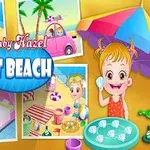 Barevná ilustrace dítěte na pláži s hračkami a plážovými rekvizitami pod deštníkem