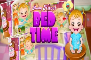 Usmívající se dítě v modrém pyžamu sedí na vysoké stoličce, obklopené ilustracemi z pokojíku, které zahrnují postýlku a hračky, s nápisem BED TIME ve středu