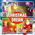 Dítě v červených šatech s vánočními motivy a Santa Clausem na barevném pozadí s textem Christmas Dream