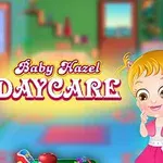 Dvě kreslené dětské postavy v jasně barevné místnosti s nápisem Baby Hazel Daycare