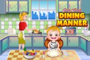 Holčička sedící u jídelního stolu s talířem, v pozadí kuchyň a vařící žena, s nápisem Dining Manner