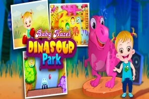 Usměvavé dítě stojí vedle růžového dinosaura na pozadí s dalšími herními obrázky