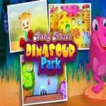 Usměvavé dítě stojí vedle růžového dinosaura na pozadí s dalšími herními obrázky