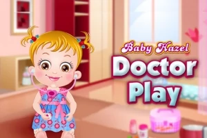 Usmívající se dítě s fonendoskopem v růžových šatech stojí v dětském pokoji vedle nápisu Doctor Play