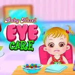 Dítě sedí u stolu s barevnými sladkostmi a vedle něj stojí žena v bílém plášti s poznámkovým blokem, na pozadí jsou pastelové barvy a text Eye Care