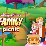 Rodina s dítětem na pikniku před barevnou krajinou s piknikovým košem a veselými výrazy