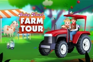 Děti sedící na červeném traktoru vedle nápisu a krávy na farmě