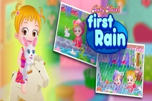 Dívka s krátkými vlasy drží bílého králíka vedle nápisu first Rain a dvou obrázků s dětmi v dešti